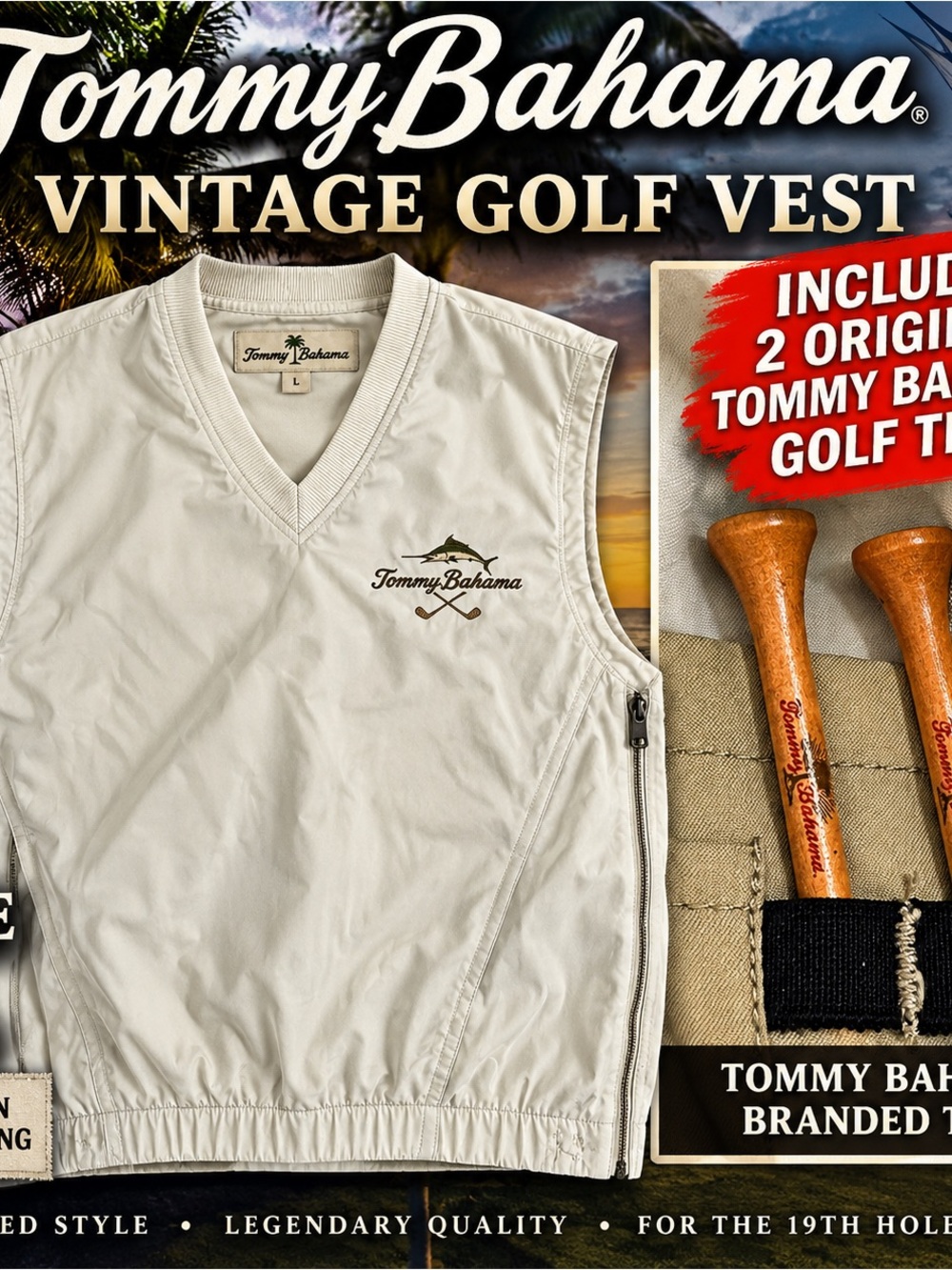 Vintage Tommy Bahama Golf Vest Mens L Marlin 2 Wood Tees Made Hong Kong